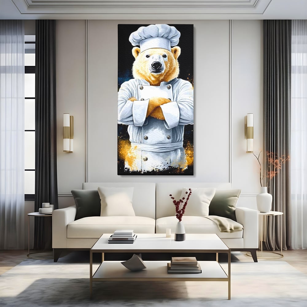 Tablou canvas cu ilustratie urs polar bucatar, fara rama, pe sasiu de lemn, pe perete intr-un living
